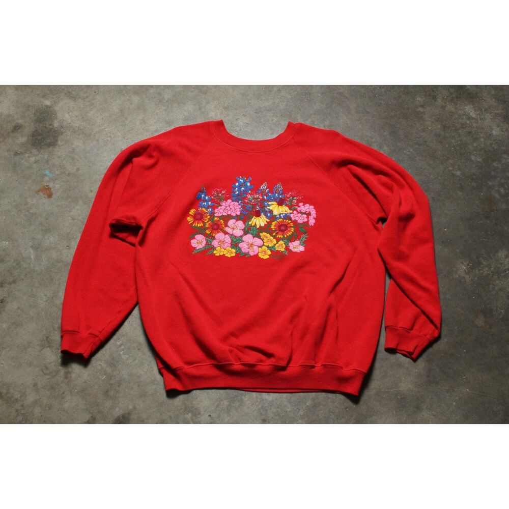 Vintage 90's Hanes Puff Print Flowers Red Raglan Sweatshirt - XL